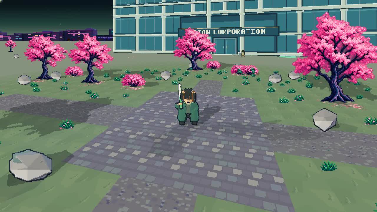 In-game pixel-art character outside Baton Corporation, surrounded by sakura trees